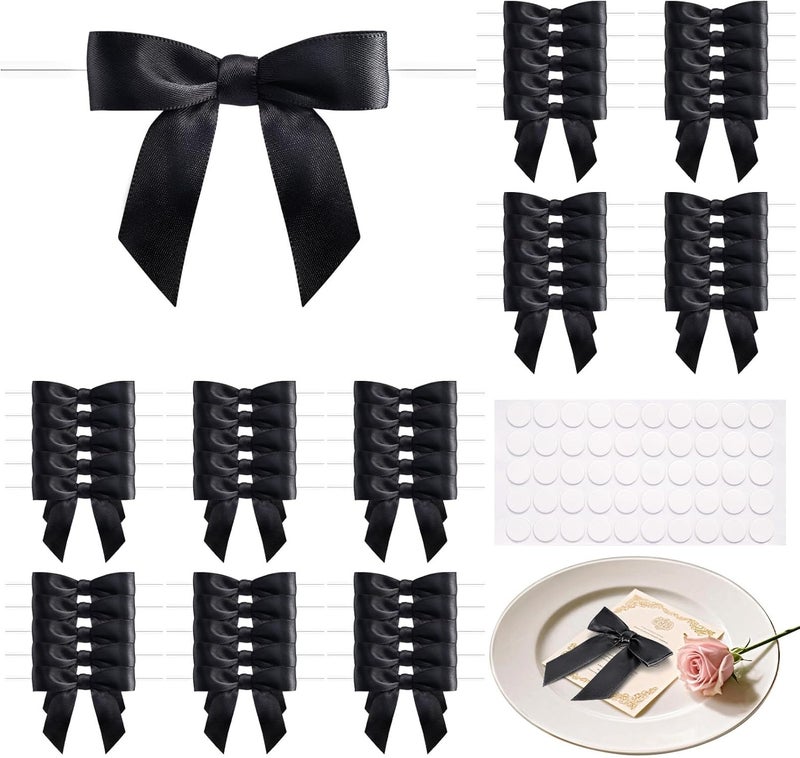 MERDTTES 50 Pcs Satin Ribbon Black Bows, 2.75" Twist Tie Bows, Premade Black Bows for Gift Wrapping, Treat Bags, Party Favors Wedding Decorations - Image 1